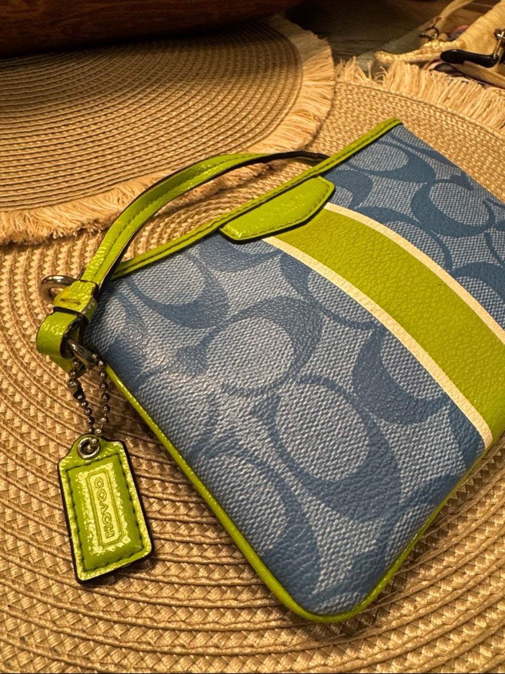 Coach Blue Signature Canvas Wristlet with Lime Stripe - Picture 2 of 7